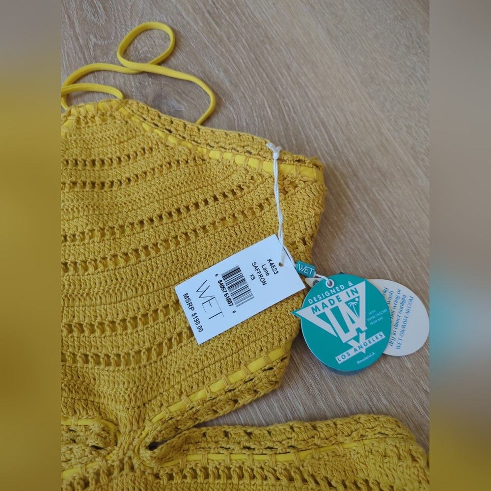 WET Lane Saffron Crochet Cutout Mustard Yellow Swimsuit One Piece XS, S $198 - Picture 8 of 8